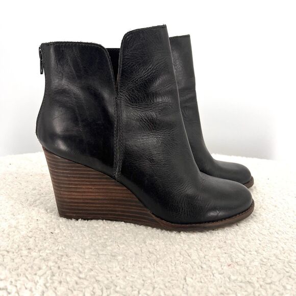 LUCKY BRAND Yolene Leather Boots Womens Size 9.5M Wedge Black Zipper Retro Boho - Picture 2 of 11